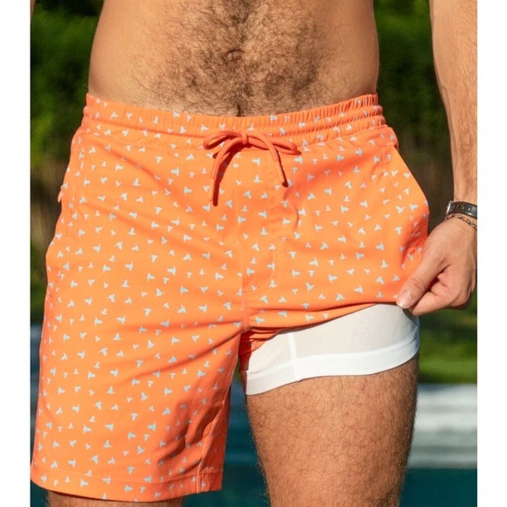 Birddogs | Summer Beach Orange/Blue Bird Print Lined Swimtrunks 5.5” Inseam